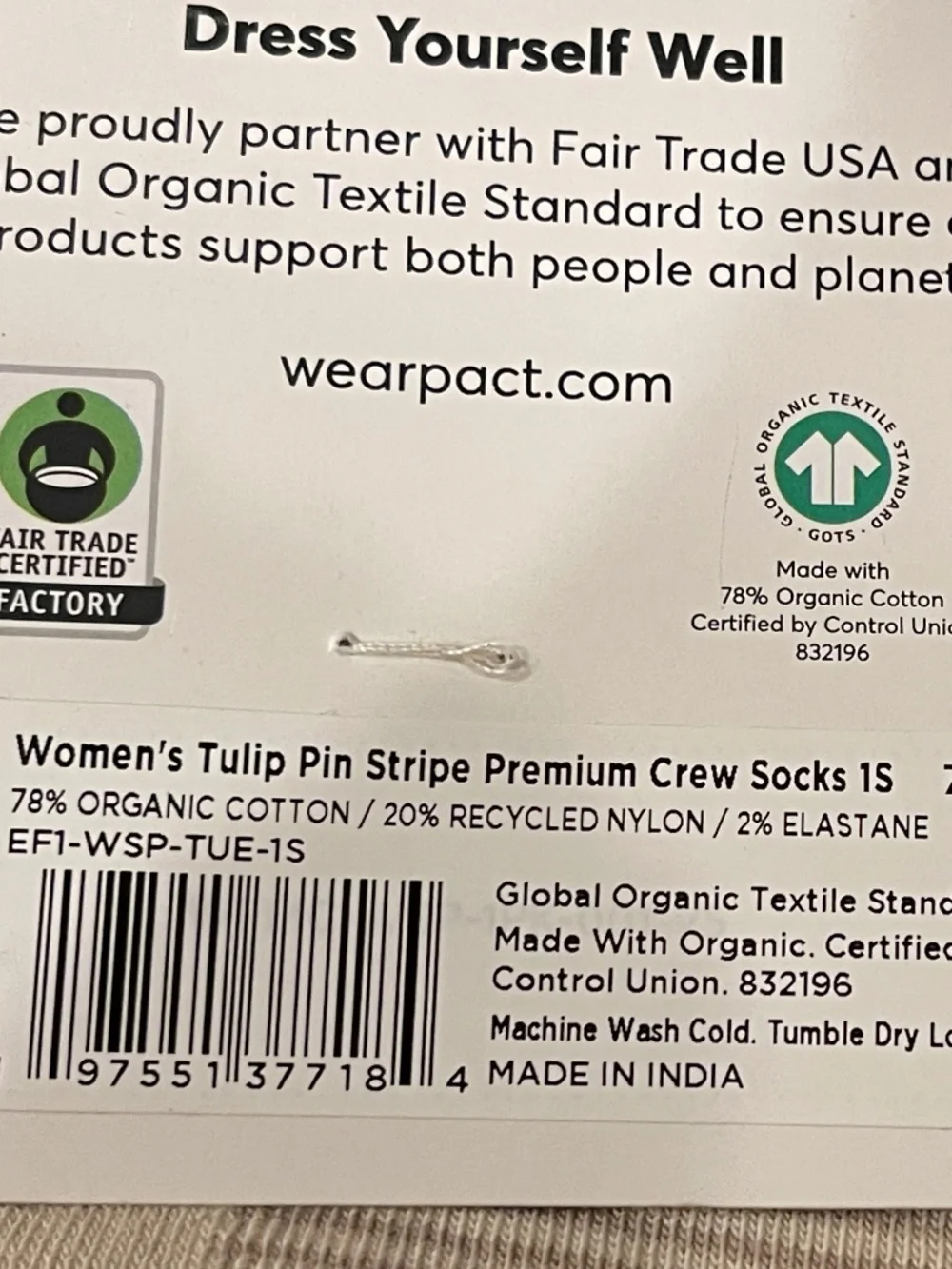 Pact Tulip Pin Stripe  Premium Crew Socks Two Pair NWT!